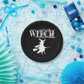 魔法飛んでいるウィッチホワイトタイポグラフィハロウィーン ペーパープレート (パーティー)