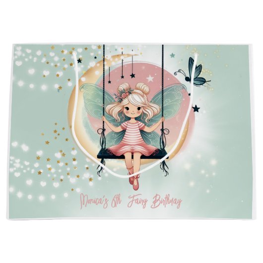 魔法魅惑の妖精オンザスイング子供の誕生日 ラージペーパーバッグ (正面)