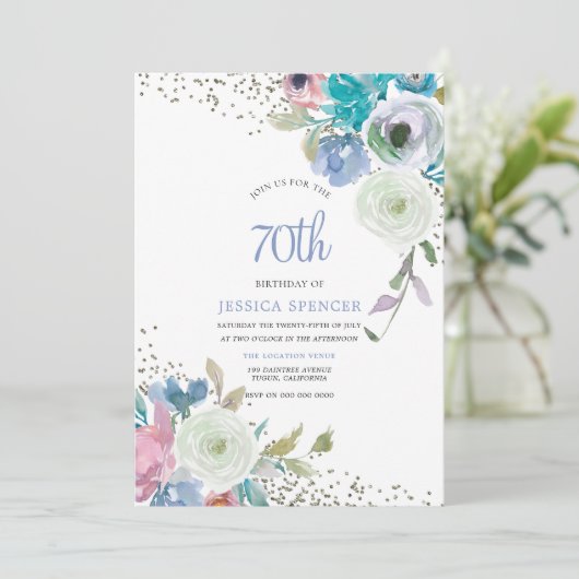 魔法70th誕生日パーティミントブルーフラワーズ 招待状 (スタンド正面)