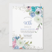 魔法90th誕生日パーティミントブルーフラワーズ 招待状 (正面)