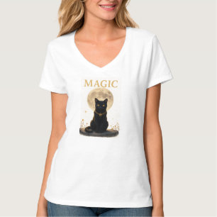 魔法- Mystic Black Cat & Full Moonデザイン Tシャツ