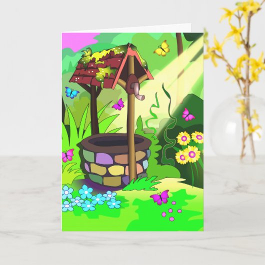 魔法Wishing Well Greeting Cards Vertical カード (黄色い花)