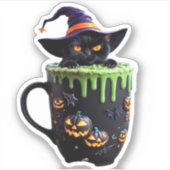 魔猫ハロウィーンコーヒーマグ – かわいい黒猫wi シール (正面)