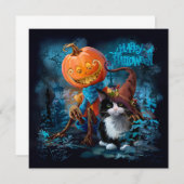 魔術の帽子を被った面白いかぼちゃと猫 招待状 (正面/裏面)