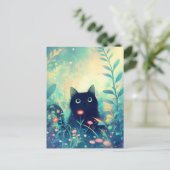 魔術的な青緑の野の花の庭の黒猫 ポストカード (スタンド正面)