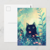 魔術的な青緑の野の花の庭の黒猫 ポストカード (正面/裏面)