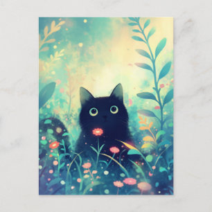 魔術的な青緑の野の花の庭の黒猫 ポストカード