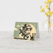 魚おもしろいと猫の挨拶 カード (黄色い花)