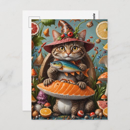 魚おもしろいをキノコに乗せた吸血猫 ポストカード (正面/裏面)