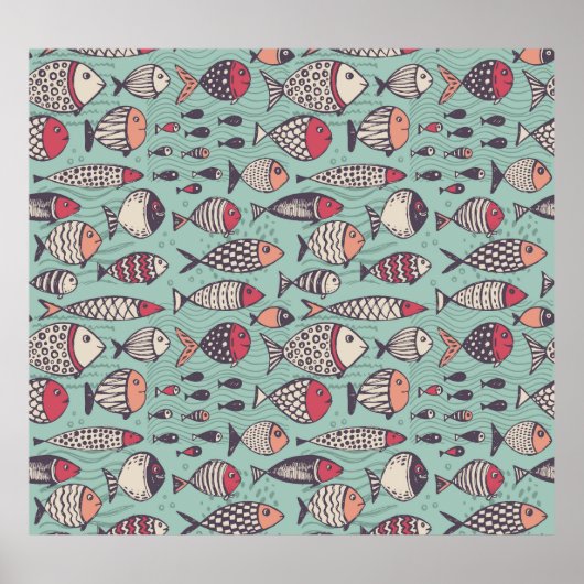 魚おもしろい：手描き継ぎ目パターン。 ポスター (正面)
