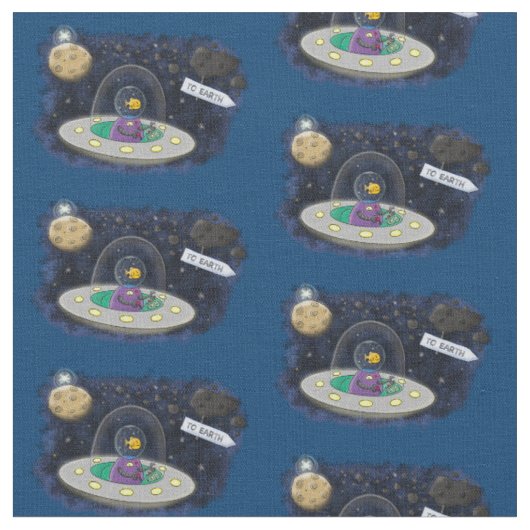 魚おもしろいUFO宇宙船マンガイラストレーション ファブリック (クローズアップ)