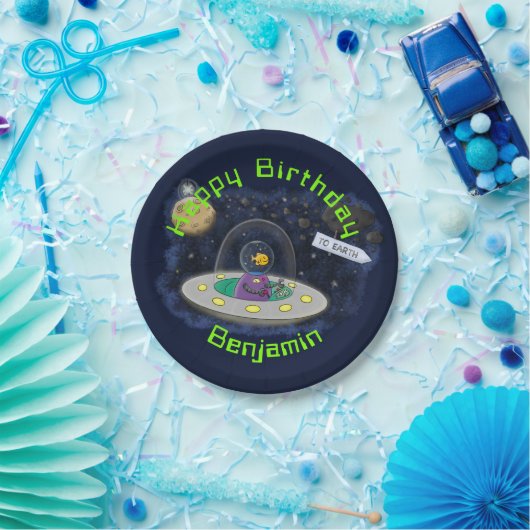 魚おもしろいUFO宇宙船マンガイラストレーション ペーパープレート (パーティー)