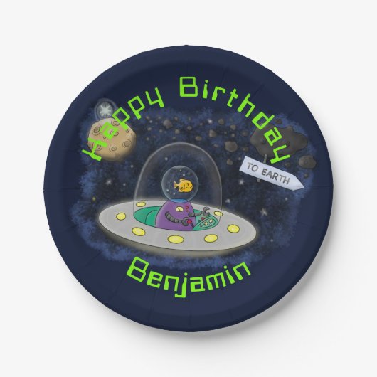 魚おもしろいUFO宇宙船マンガイラストレーション ペーパープレート (正面)