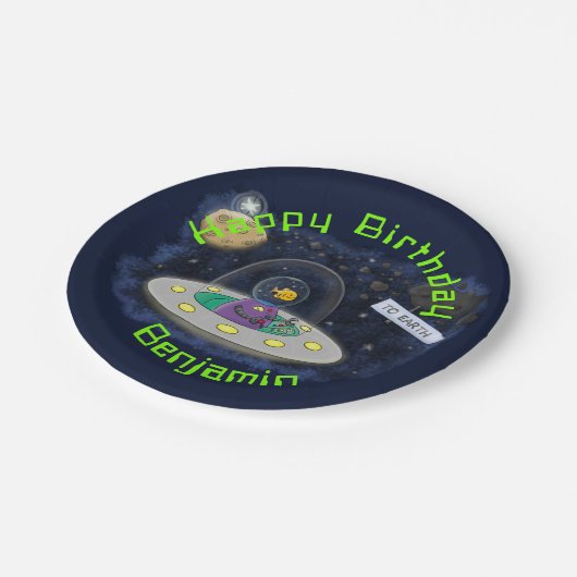 魚おもしろいUFO宇宙船マンガイラストレーション ペーパープレート (アングル)