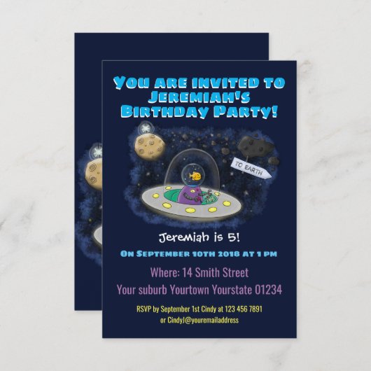 魚おもしろいUFO宇宙船マンガイラストレーション 招待状 (正面/裏面)