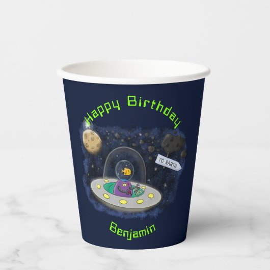 魚おもしろいUFO宇宙船マンガイラストレーション 紙コップ (正面)