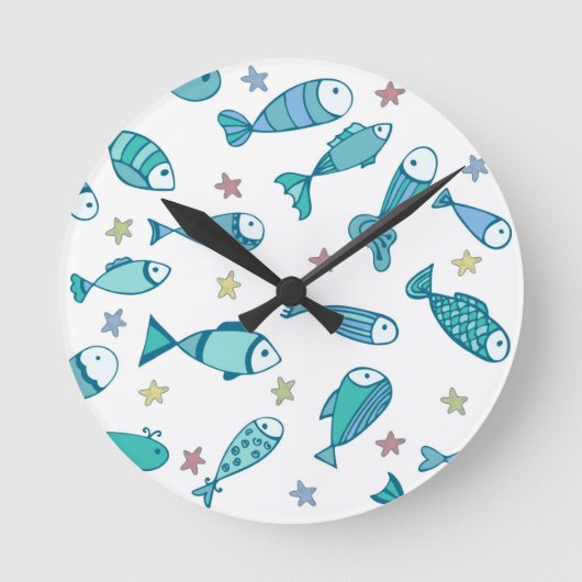 魚およびヒトデが付いているパターン ラウンド壁時計 (正面)