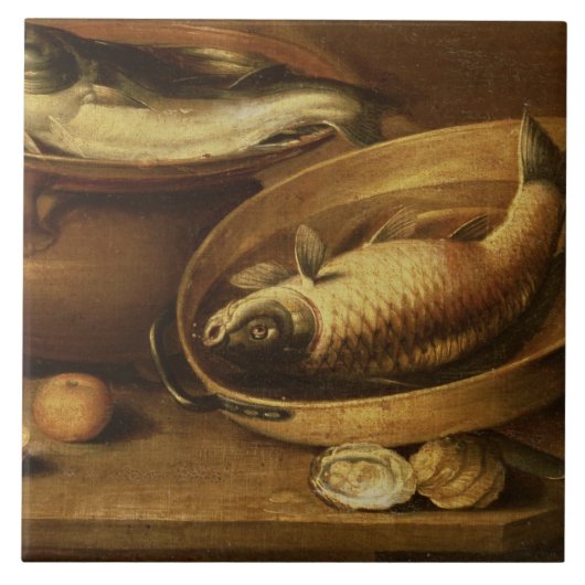 魚およびレモンの静物画 タイル (正面)