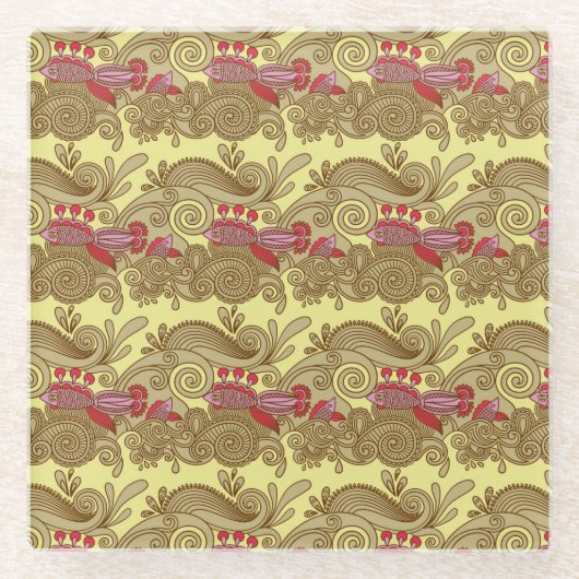 魚および波が付いているパターン ガラスコースター (正面)