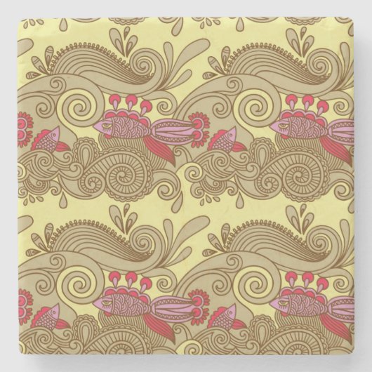 魚および波が付いているパターン ストーンコースター (正面)