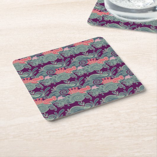 魚および紫色の波が付いているパターン スクエアペーパーコースター (アングル)