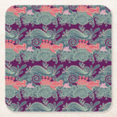 魚および紫色の波が付いているパターン スクエアペーパーコースター (正面)