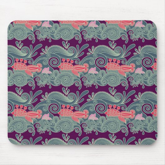 魚および紫色の波が付いているパターン マウスパッド (正面)