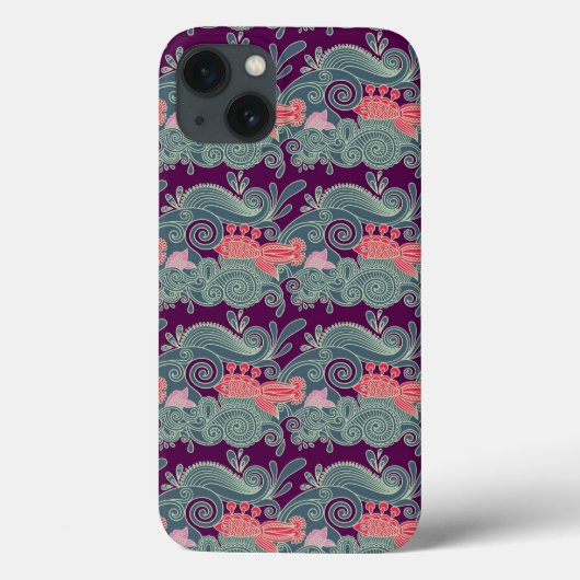 魚および紫色の波が付いているパターン Case-Mate iPhoneケース (裏面)