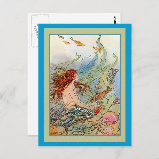 魚および貝が付いている海の人魚の女の子 ポストカード (正面/裏面)