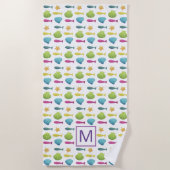 魚および貝の海岸パターンモノグラム ビーチタオル (正面)