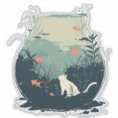 魚お洒落の鉢の中に閉じ込められた白猫 シール (正面)