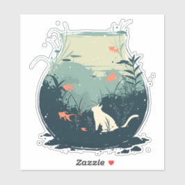 魚お洒落の鉢の中に閉じ込められた白猫 シール