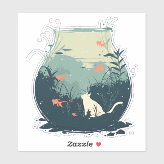 魚お洒落の鉢の中に閉じ込められた白猫 シール (シート)