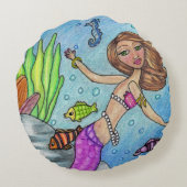 魚かわいらしの海藻の岩を泳ぐ紫の人魚 ラウンドクッション (裏面)