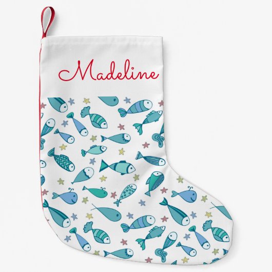 魚が付いているパターンおよびヒトデは|あなたの名前を加えます スモールクリスマスストッキング (正面)