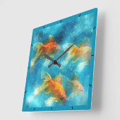 魚が泳ぐ。 オレンジ魚。 スクエア壁時計 (傾斜)