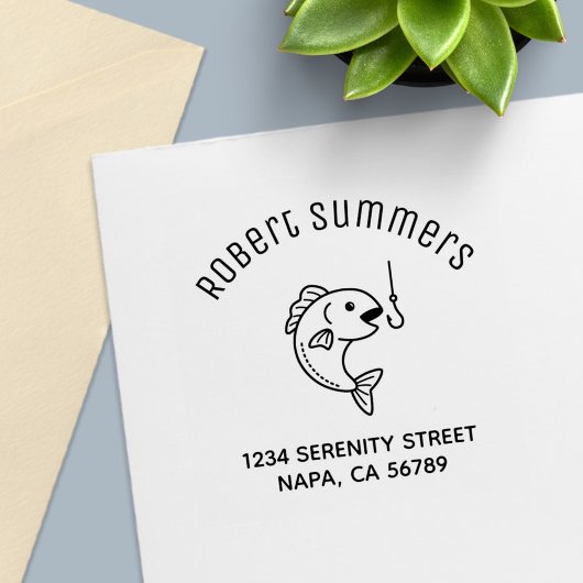 魚が釣り針をくわえたアーチ型の住所 セルフインキングスタンプ