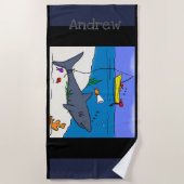 魚とおもしろい魚釣りのサメのビーチタオル ビーチタオル (正面)