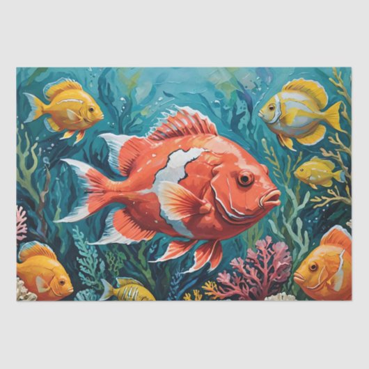 魚とサンゴのアクリル画  薄葉紙 (正面)