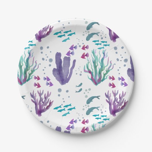 魚とサンゴの水の色のデザイン ペーパープレート (正面)