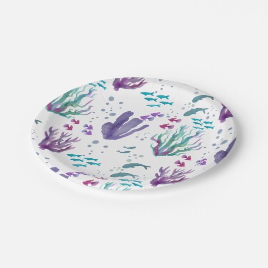 魚とサンゴの水の色のデザイン ペーパープレート (アングル)