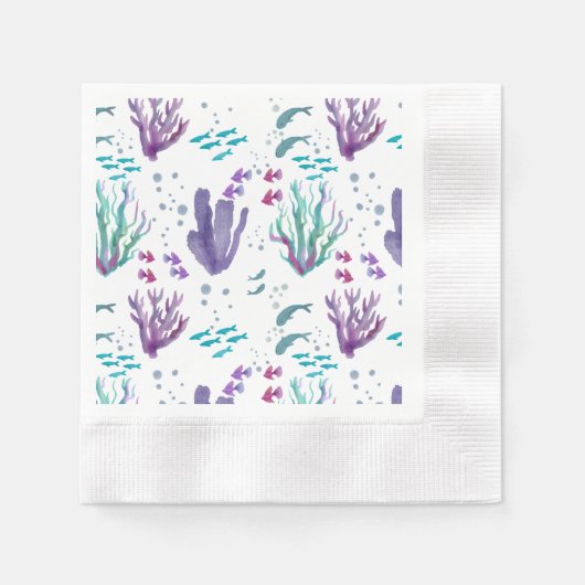 魚とサンゴの水の色のデザイン 縁ありカクテルナプキン (正面)