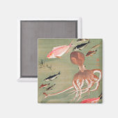 魚とタコ海洋生物イラストレーション マグネット (正面/裏面)