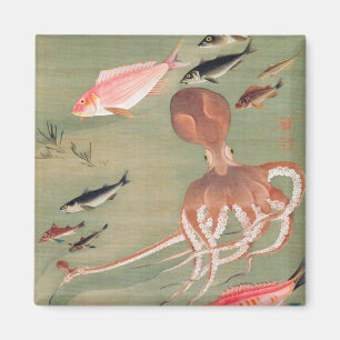 魚とタコ海洋生物イラストレーション マグネット