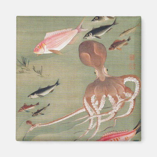 魚とタコ海洋生物イラストレーション マグネット (正面)