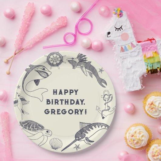 魚とタトゥー航海の海をテーマにしたパーティー ペーパープレート (パーティー)