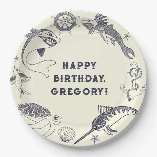 魚とタトゥー航海の海をテーマにしたパーティー ペーパープレート (正面)