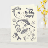 魚とタトゥー航海の海をテーマにした誕生日 カード (黄色い花)