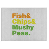 魚とチップスとキノコ豆。 カッティングボード (正面)