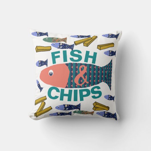 魚とチップ、海辺、欠けた、ビーチハウス クッション (正面)